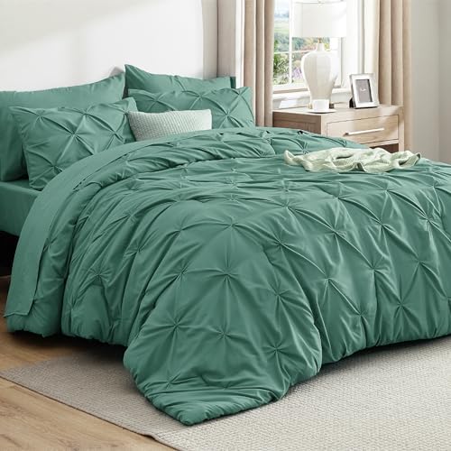 Bedsure Queen Comforter Set Baby Pea Green   Bed in a Bag Queen Size Bedding 7 Pieces  GentleSoft  Pintuck Bed Set Gift for Family  Pinch Pleat All Season Comforter with Sheets  Pillowcases & Shams