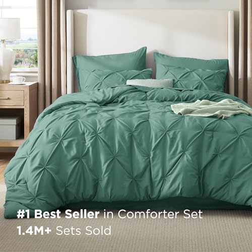 Bedsure Queen Comforter Set Baby Pea Green   Bed in a Bag Queen Size Bedding 7 Pieces  GentleSoft  Pintuck Bed Set Gift for Family  Pinch Pleat All Season Comforter with Sheets  Pillowcases & Shams