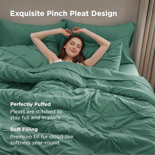 Bedsure Queen Comforter Set Baby Pea Green   Bed in a Bag Queen Size Bedding 7 Pieces  GentleSoft  Pintuck Bed Set Gift for Family  Pinch Pleat All Season Comforter with Sheets  Pillowcases & Shams