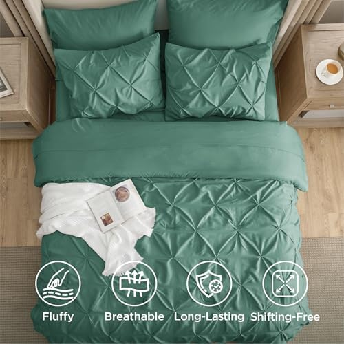 Bedsure Queen Comforter Set Baby Pea Green   Bed in a Bag Queen Size Bedding 7 Pieces  GentleSoft  Pintuck Bed Set Gift for Family  Pinch Pleat All Season Comforter with Sheets  Pillowcases & Shams