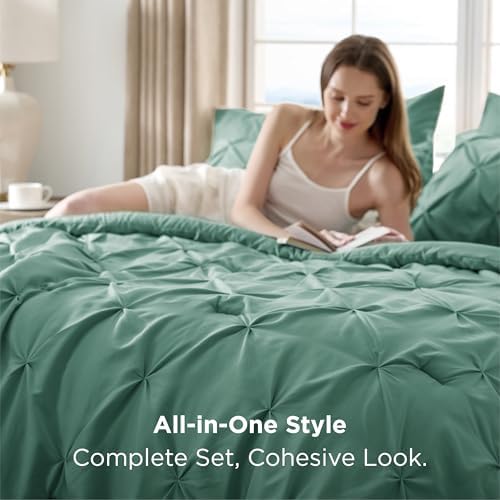 Bedsure Queen Comforter Set Baby Pea Green   Bed in a Bag Queen Size Bedding 7 Pieces  GentleSoft  Pintuck Bed Set Gift for Family  Pinch Pleat All Season Comforter with Sheets  Pillowcases & Shams