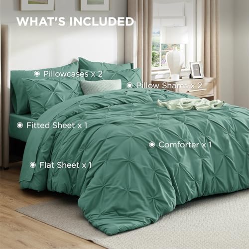 Bedsure Queen Comforter Set Baby Pea Green   Bed in a Bag Queen Size Bedding 7 Pieces  GentleSoft  Pintuck Bed Set Gift for Family  Pinch Pleat All Season Comforter with Sheets  Pillowcases & Shams