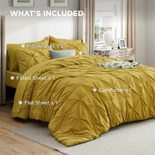 Bedsure Queen Comforter Set Baby Pea Green   Bed in a Bag Queen Size Bedding 7 Pieces  GentleSoft  Pintuck Bed Set Gift for Family  Pinch Pleat All Season Comforter with Sheets  Pillowcases & Shams