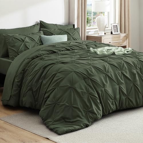Bedsure Queen Comforter Set Baby Pea Green   Bed in a Bag Queen Size Bedding 7 Pieces  GentleSoft  Pintuck Bed Set Gift for Family  Pinch Pleat All Season Comforter with Sheets  Pillowcases & Shams