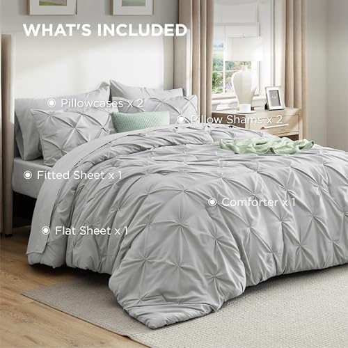 Bedsure Queen Comforter Set Baby Pea Green   Bed in a Bag Queen Size Bedding 7 Pieces  GentleSoft  Pintuck Bed Set Gift for Family  Pinch Pleat All Season Comforter with Sheets  Pillowcases & Shams