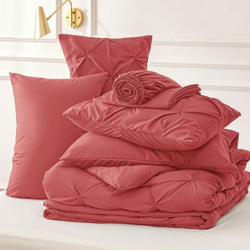 Bedsure Queen Comforter Set Baby Pea Green   Bed in a Bag Queen Size Bedding 7 Pieces  GentleSoft  Pintuck Bed Set Gift for Family  Pinch Pleat All Season Comforter with Sheets  Pillowcases & Shams