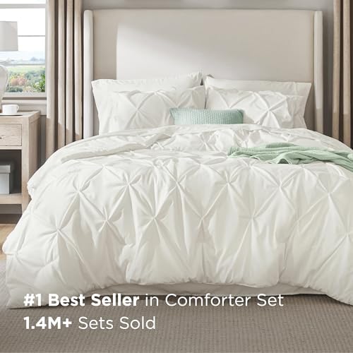 Bedsure Queen Comforter Set Baby Pea Green   Bed in a Bag Queen Size Bedding 7 Pieces  GentleSoft  Pintuck Bed Set Gift for Family  Pinch Pleat All Season Comforter with Sheets  Pillowcases & Shams