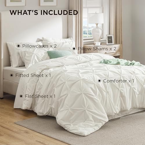 Bedsure Queen Comforter Set Baby Pea Green   Bed in a Bag Queen Size Bedding 7 Pieces  GentleSoft  Pintuck Bed Set Gift for Family  Pinch Pleat All Season Comforter with Sheets  Pillowcases & Shams