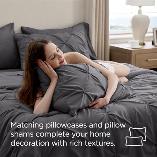 Bedsure Queen Comforter Set Baby Pea Green   Bed in a Bag Queen Size Bedding 7 Pieces  GentleSoft  Pintuck Bed Set Gift for Family  Pinch Pleat All Season Comforter with Sheets  Pillowcases & Shams