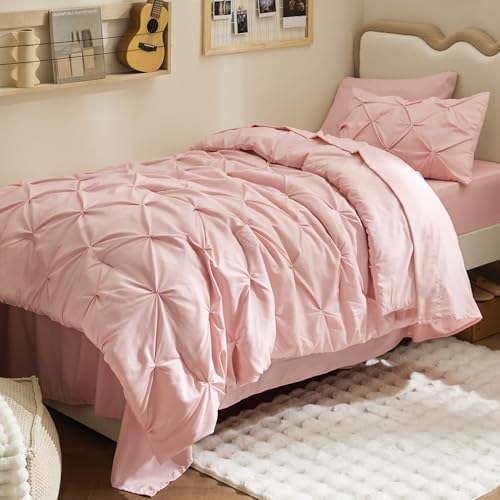 Bedsure Queen Comforter Set Baby Pea Green   Bed in a Bag Queen Size Bedding 7 Pieces  GentleSoft  Pintuck Bed Set Gift for Family  Pinch Pleat All Season Comforter with Sheets  Pillowcases & Shams