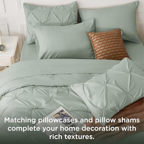 Bedsure Queen Comforter Set Baby Pea Green   Bed in a Bag Queen Size Bedding 7 Pieces  GentleSoft  Pintuck Bed Set Gift for Family  Pinch Pleat All Season Comforter with Sheets  Pillowcases & Shams