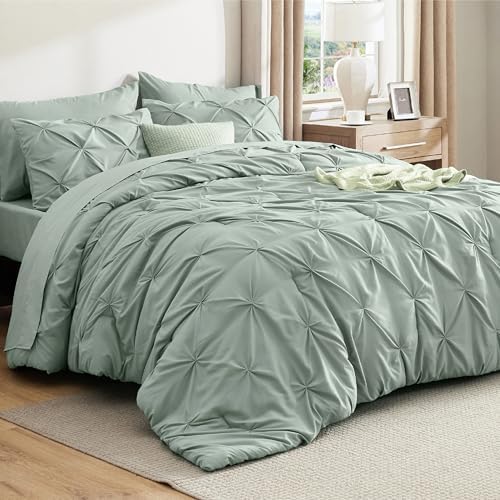 Bedsure Queen Comforter Set Baby Pea Green   Bed in a Bag Queen Size Bedding 7 Pieces  GentleSoft  Pintuck Bed Set Gift for Family  Pinch Pleat All Season Comforter with Sheets  Pillowcases & Shams