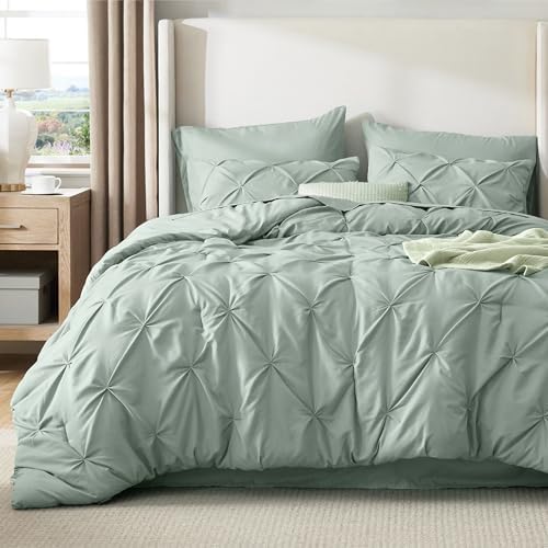 Bedsure Queen Comforter Set Baby Pea Green   Bed in a Bag Queen Size Bedding 7 Pieces  GentleSoft  Pintuck Bed Set Gift for Family  Pinch Pleat All Season Comforter with Sheets  Pillowcases & Shams
