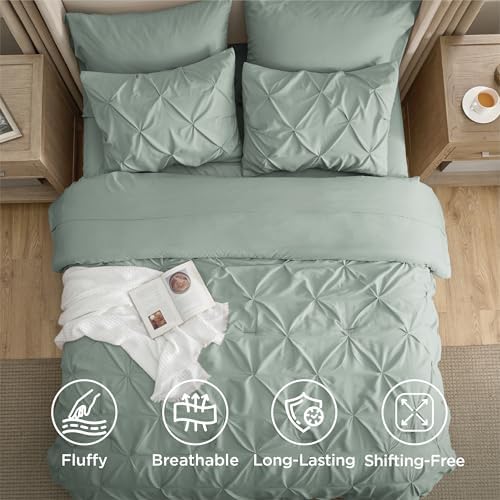 Bedsure Queen Comforter Set Baby Pea Green   Bed in a Bag Queen Size Bedding 7 Pieces  GentleSoft  Pintuck Bed Set Gift for Family  Pinch Pleat All Season Comforter with Sheets  Pillowcases & Shams