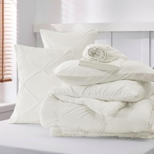 Bedsure Queen Comforter Set Baby Pea Green   Bed in a Bag Queen Size Bedding 7 Pieces  GentleSoft  Pintuck Bed Set Gift for Family  Pinch Pleat All Season Comforter with Sheets  Pillowcases & Shams