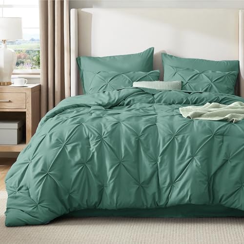 Bedsure Queen Comforter Set Baby Pea Green   Bed in a Bag Queen Size Bedding 7 Pieces  GentleSoft  Pintuck Bed Set Gift for Family  Pinch Pleat All Season Comforter with Sheets  Pillowcases & Shams