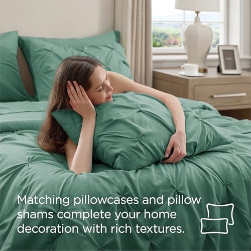 Bedsure Queen Comforter Set Baby Pea Green   Bed in a Bag Queen Size Bedding 7 Pieces  GentleSoft  Pintuck Bed Set Gift for Family  Pinch Pleat All Season Comforter with Sheets  Pillowcases & Shams