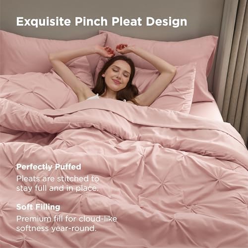 Bedsure Queen Comforter Set Baby Pea Green   Bed in a Bag Queen Size Bedding 7 Pieces  GentleSoft  Pintuck Bed Set Gift for Family  Pinch Pleat All Season Comforter with Sheets  Pillowcases & Shams