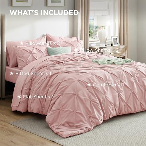 Bedsure Queen Comforter Set Baby Pea Green   Bed in a Bag Queen Size Bedding 7 Pieces  GentleSoft  Pintuck Bed Set Gift for Family  Pinch Pleat All Season Comforter with Sheets  Pillowcases & Shams