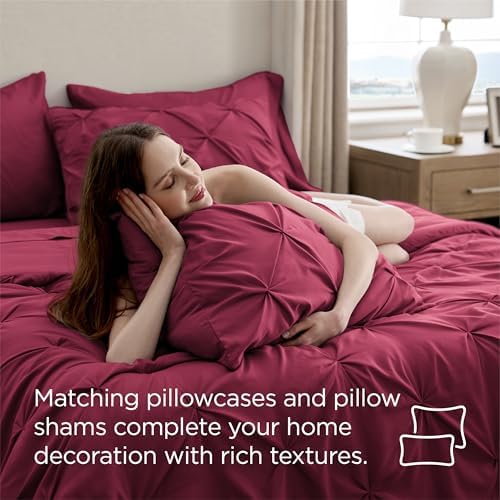 Bedsure Queen Comforter Set Baby Pea Green   Bed in a Bag Queen Size Bedding 7 Pieces  GentleSoft  Pintuck Bed Set Gift for Family  Pinch Pleat All Season Comforter with Sheets  Pillowcases & Shams