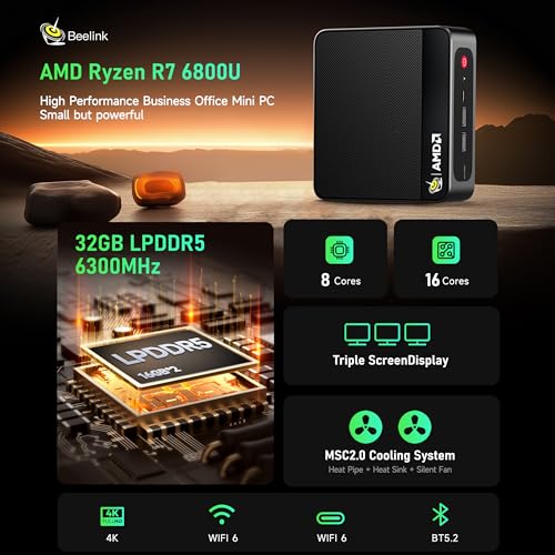 Beelink Mini PC  AMD Ryzen 7 6800U up to 4 7GHz   32GB LPDDR5 1TB PCIe4 0  Radeon 680M Graphics Triple 4K Display  Wi Fi 6/BT5 2  Office Win 11 PRO Mini Desktop Computer