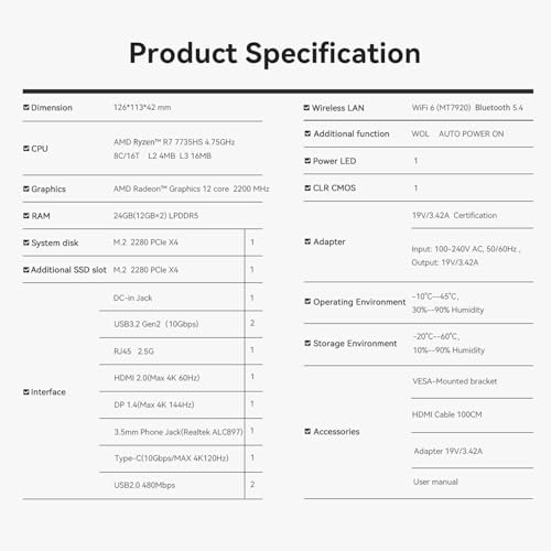 Beelink SER5 MAX Mini PC AMD Ryzen 7 7735HS up to 4 75GHz 8C/16T   Mini Computer 24GB LPDDR5 RAM 1TB PCIe4 0 X4 SSD  4K Triple Display  WiFi 6  BT 5 4 RJ45 2 5G LAN