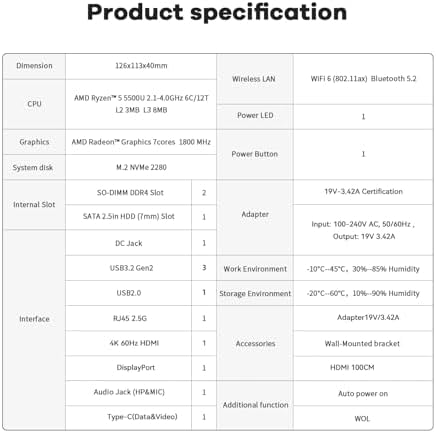 Beelink SER5 Mini PC AMD Ryzen 5 5500U 6C/12T up to 4 0 GHz  Mini Computer 32GB DDR4 RAM 500GB M 2 SSD Graphics 7core 1800MHz Support 4K Triple Display/HDMI DP Type C/Wifi6/BT5 2 Auto Power On