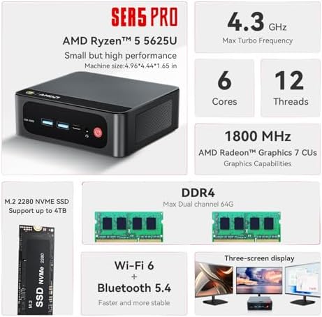 Beelink SER5 Pro Mini PC  AMD Ryzen 5 5625U 6C/12T  Up to 4 3GHz 16GB DDR4 RAM   500GB SSD Mini Desktop Computer  WiFi 6 /BT5 4/2 5G LAN  DP  HDMI  Type C Triple Display  W 11 Pro Mini Computer
