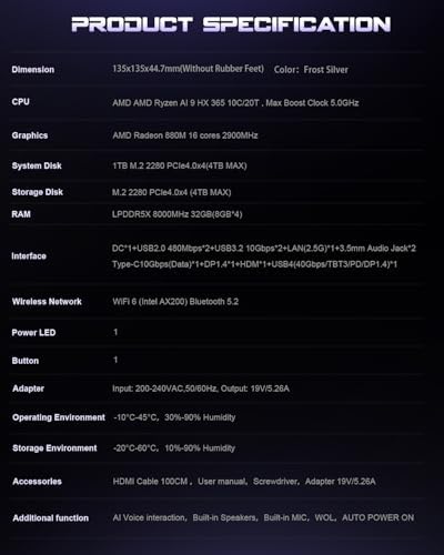 Beelink SER9 Pro Mini PC AMD Ryzen AI 9 365 10 Core 5 0GHz  32GB LPDDR5X 8000MHz  1TB PCIe4 0 SSD  Radeon 880M  Triple 4K 240Hz  USB4  AI Voice  Ultra Quiet 32dB WIN11 PRO
