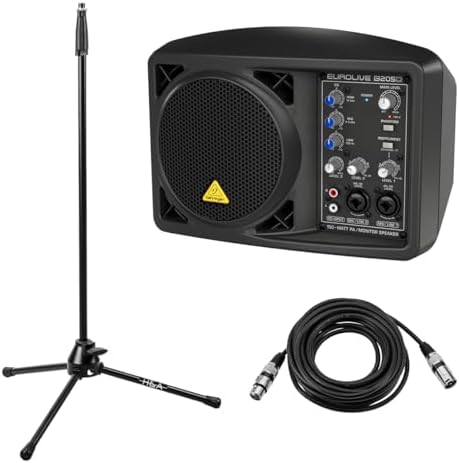 Behringer Eurolive B205D 5 25 Ultra Compact 150W Active PA Monitor Speaker System  Bundle with Mic Stand and 25 XLR Microphone Cable