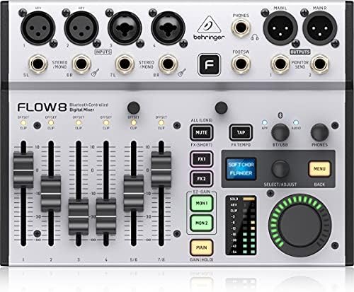 Behringer FLOW 8 8 Input Digital Mixer with Bluetooth Audio and App Control  60 mm Channel Faders  2 FX Processors and USB/Audio Interface