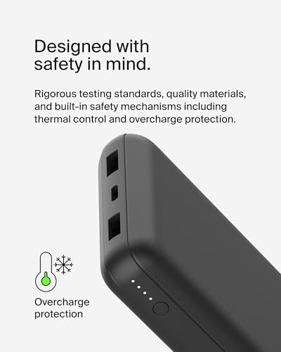 Belkin Portable Charger  USB C Power Bank 20000 mAh w/ 2 USB A Ports  15W w/ Type A to Type C Cable   iPhone 17  Air  Pro  Pro Max  AirPods  Apple Watch  Samsung Galaxy S26  Google Pixel 10   Black