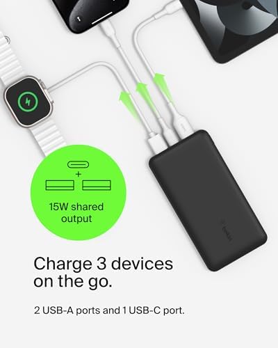 Belkin Portable Charger  USB C Power Bank 20000 mAh w/ 2 USB A Ports  15W w/ Type A to Type C Cable   iPhone 17  Air  Pro  Pro Max  AirPods  Apple Watch  Samsung Galaxy S26  Google Pixel 10   Black