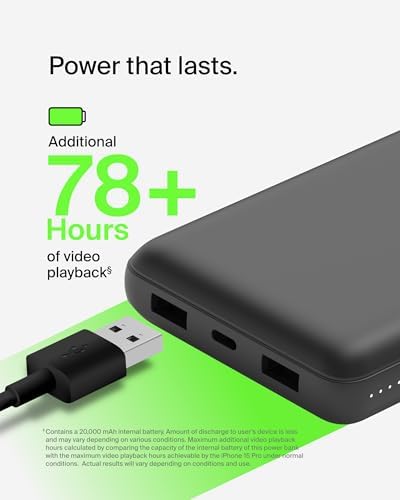 Belkin Portable Charger  USB C Power Bank 20000 mAh w/ 2 USB A Ports  15W w/ Type A to Type C Cable   iPhone 17  Air  Pro  Pro Max  AirPods  Apple Watch  Samsung Galaxy S26  Google Pixel 10   Black