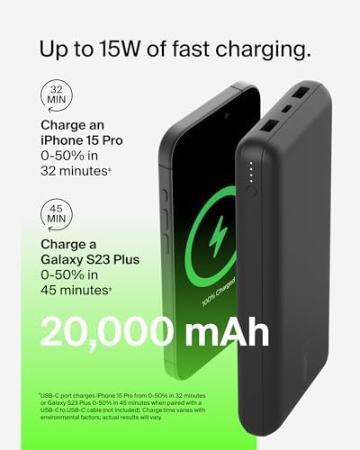 Belkin Portable Charger  USB C Power Bank 20000 mAh w/ 2 USB A Ports  15W w/ Type A to Type C Cable   iPhone 17  Air  Pro  Pro Max  AirPods  Apple Watch  Samsung Galaxy S26  Google Pixel 10   Black