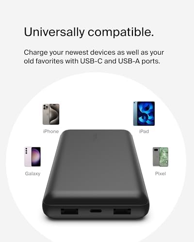 Belkin Portable Charger  USB C Power Bank 20000 mAh w/ 2 USB A Ports  15W w/ Type A to Type C Cable   iPhone 17  Air  Pro  Pro Max  AirPods  Apple Watch  Samsung Galaxy S26  Google Pixel 10   Black