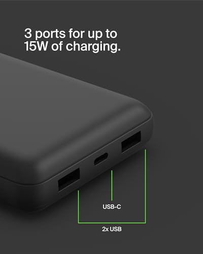 Belkin Portable Charger  USB C Power Bank 20000 mAh w/ 2 USB A Ports  15W w/ Type A to Type C Cable   iPhone 17  Air  Pro  Pro Max  AirPods  Apple Watch  Samsung Galaxy S26  Google Pixel 10   Black