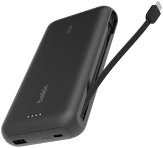 Belkin Power Bank with Integrated Cable  Fast Charging USB C  20000 mAh 30W  Portable Charger Power Bank USB C for iPhone 17  Air  Pro  Pro Max  iPad  AirPods  Apple Watch  Galaxy S25  & More   Black