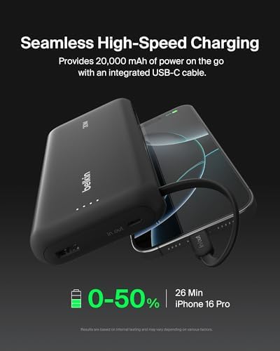 Belkin Power Bank with Integrated Cable  Fast Charging USB C  20000 mAh 30W  Portable Charger Power Bank USB C for iPhone 17  Air  Pro  Pro Max  iPad  AirPods  Apple Watch  Galaxy S25  & More   Black