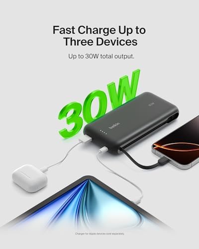 Belkin Power Bank with Integrated Cable  Fast Charging USB C  20000 mAh 30W  Portable Charger Power Bank USB C for iPhone 17  Air  Pro  Pro Max  iPad  AirPods  Apple Watch  Galaxy S25  & More   Black
