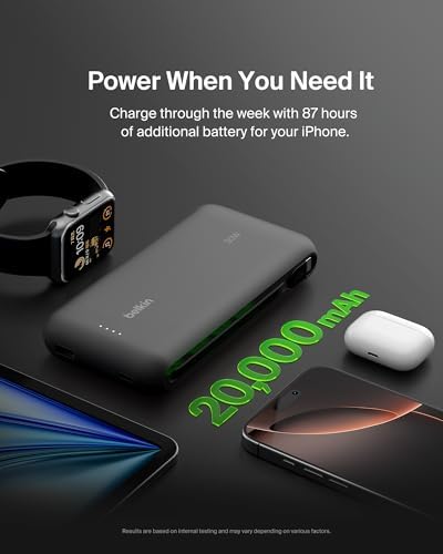 Belkin Power Bank with Integrated Cable  Fast Charging USB C  20000 mAh 30W  Portable Charger Power Bank USB C for iPhone 17  Air  Pro  Pro Max  iPad  AirPods  Apple Watch  Galaxy S25  & More   Black