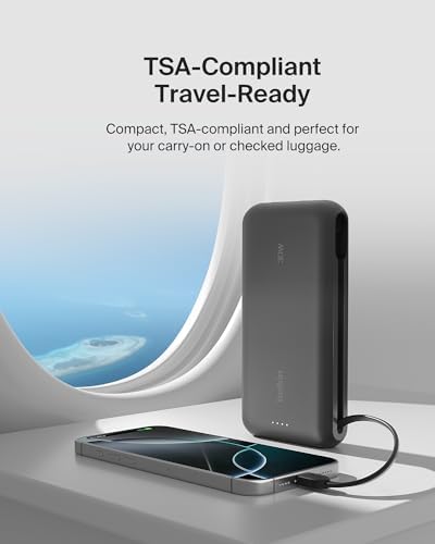 Belkin Power Bank with Integrated Cable  Fast Charging USB C  20000 mAh 30W  Portable Charger Power Bank USB C for iPhone 17  Air  Pro  Pro Max  iPad  AirPods  Apple Watch  Galaxy S25  & More   Black