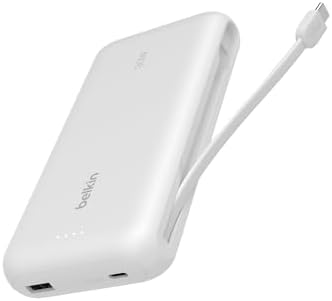 Belkin Power Bank with Integrated Cable  Fast Charging USB C  20000 mAh 30W  Portable Charger Power Bank USB C for iPhone 17  Air  Pro  Pro Max  iPad  AirPods  Apple Watch  Galaxy S25  & More   Black