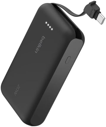 Belkin Power Bank with Integrated Cable  Fast Charging USB C  20000 mAh 30W  Portable Charger Power Bank USB C for iPhone 17  Air  Pro  Pro Max  iPad  AirPods  Apple Watch  Galaxy S25  & More   Black