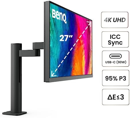 BenQ PD2706UA Ergo Arm Mac Ready 27 4K UHD  95  P3  99  Rec 709 & sRGB  IPS  Built in Ergo Arm  ICCSync  Uniformity  Delta E 3  Factory Calibrated  AQCOLOR  Pantone  USB Hub  USB C  90W 