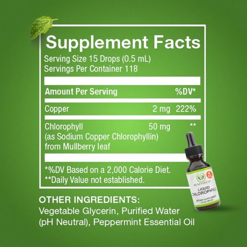 Gotas líquidas de clorofila - Aumento de la energía | Apoyo del sistema inmunológico | Desodorante interno | Enfermedad de altitud. Calidad prémium: 100% natural, potente, sabor a menta, absorción 2X.