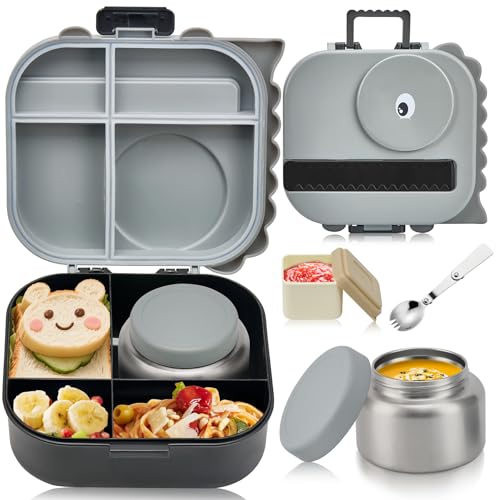 Bento Lunch Box with Thermo  4 Compartment Bento Box with Adjustable Dividers  Leakproof Dinosaur Lunch Box with 14 2OZ Insulated Food Jar & Sauce Jar  for School Office Travel Grey 