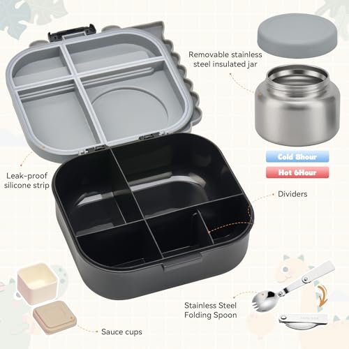 Bento Lunch Box with Thermo  4 Compartment Bento Box with Adjustable Dividers  Leakproof Dinosaur Lunch Box with 14 2OZ Insulated Food Jar & Sauce Jar  for School Office Travel Grey 