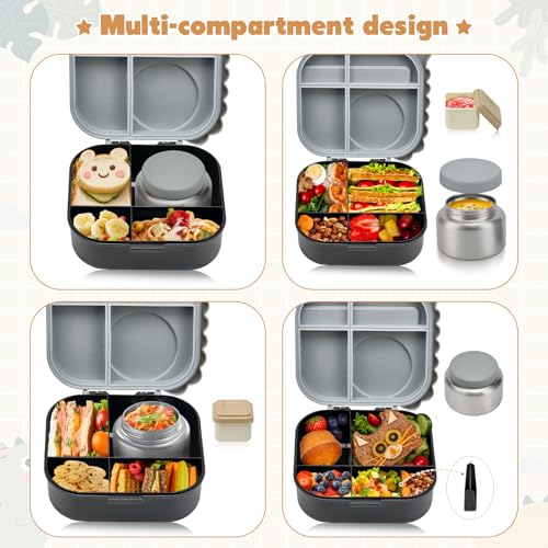 Bento Lunch Box with Thermo  4 Compartment Bento Box with Adjustable Dividers  Leakproof Dinosaur Lunch Box with 14 2OZ Insulated Food Jar & Sauce Jar  for School Office Travel Grey 