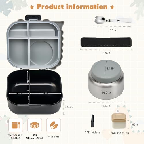 Bento Lunch Box with Thermo  4 Compartment Bento Box with Adjustable Dividers  Leakproof Dinosaur Lunch Box with 14 2OZ Insulated Food Jar & Sauce Jar  for School Office Travel Grey 
